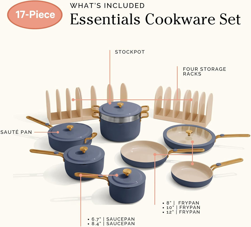 Our Place 17-Piece Complete Cookware Set - Nonstick Ceramic Fry Pans, Saucepans & More | Oven Safe to 450°F | Blue Salt