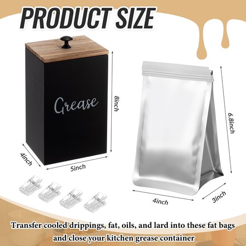 Hushee 35 Set Grease Disposal Container for Kitchen with 30 Foil Liners Disposable Grease Bags Bulk Wooden Storage Bin 4 Clip Bacon Cooking Oil Container Help Stop Kitchen Drains from Getting Clogged