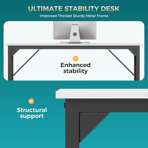 DUMOS 63-Inch Computer Desk - Modern Home Office Work Table with Triangular Reinforcement | White Wood Finish