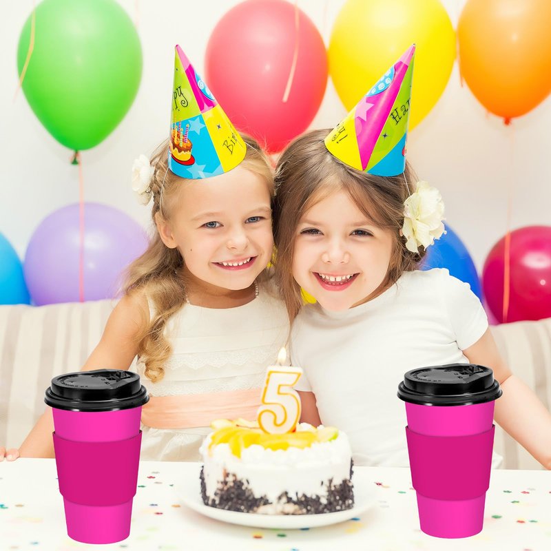 Whaline 80 Set Hot Pink Disposable Coffee Cups with Lids and Sleeves Pink Girl Paper Drinking Cups for Birthday Wedding Party Supplies