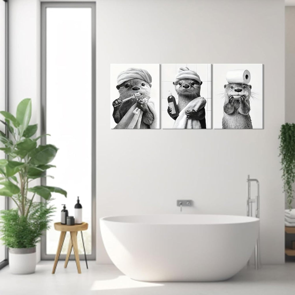 Otter Canvas Wall Art Set by Cute Bathroom | Funny Black and White Prints for Farmhouse Decor | 12x16 Inch