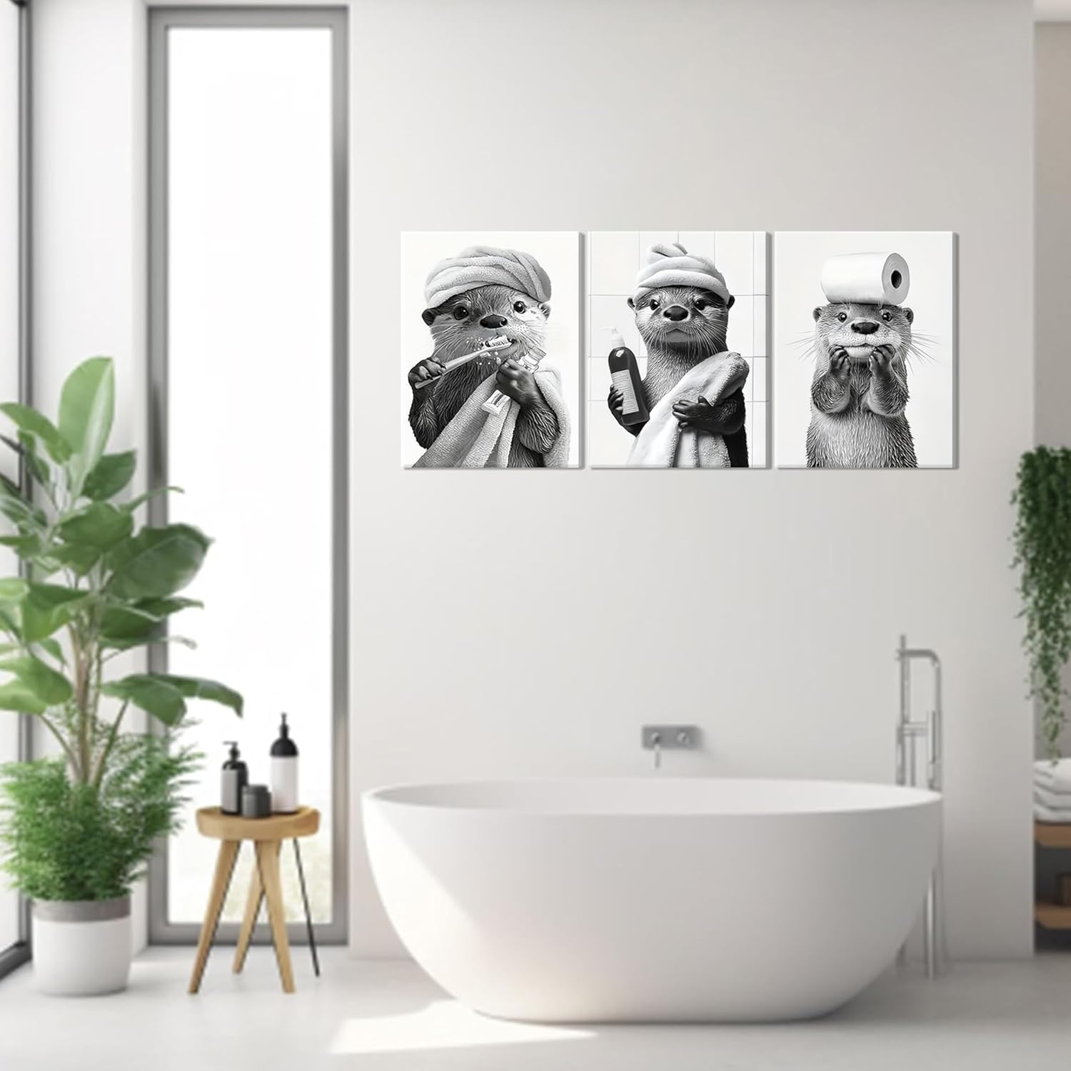 Otter Canvas Wall Art Set by Cute Bathroom | Funny Black and White Prints for Farmhouse Decor | 12x16 Inch