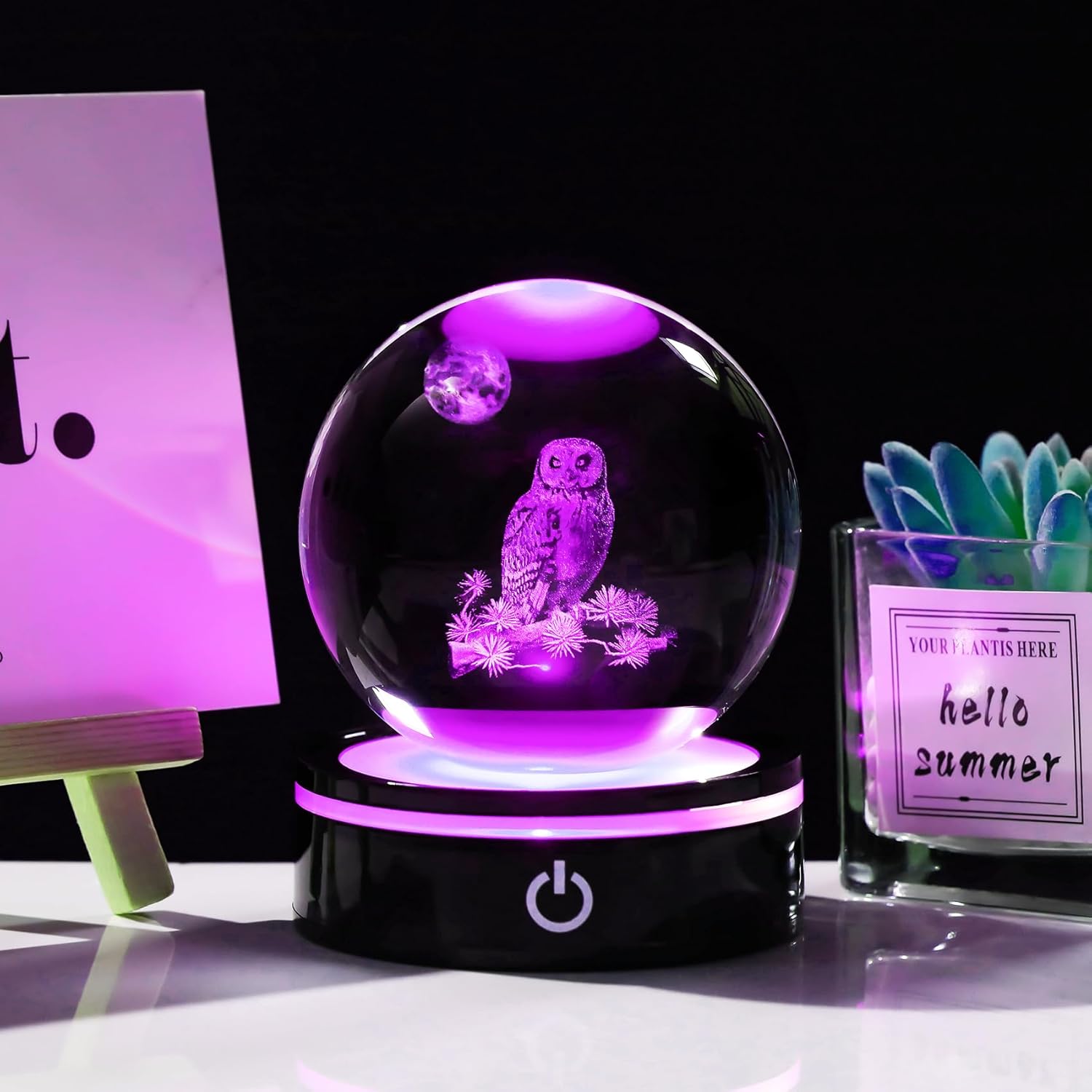 YWHL 3D Owl Figurine - Colorful Light Base Crystal Ball | Unique Gift for Owl Lovers, 80mm