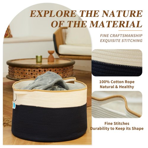 Casaphoria Blanket and Laundry Basket, Woven Storage Hamper, 21.7 * 21.7 * 13.8in Cotton Rope Clothes Organizer (White & Navy Blue)