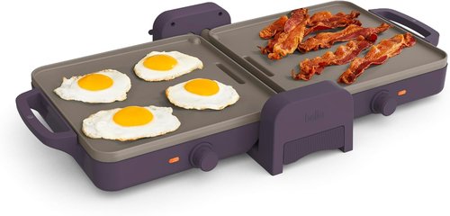 Bella Ceramic Fold-N-Store Dual Temp Griddle - Nonstick Coating, 2 Temperature Zones, 10"x20", Plum