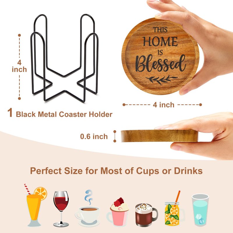 Best House Warming Gifts Acacia Wooden Coasters for Drinks Coffee Table Coaster Set of 6 Pack Farmhouse Decorations Family New Home Housewarming Decor Cute Cup Wood Coasters with Holder