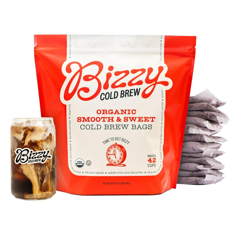 Bizzy Organic Cold Brew Coffee | Smooth & Sweet Blend | Coarse Ground Coffee | Medium Roast | Micro Sifted | Specialty Grade | 100% Arabica | Brew Bags | 12 Count | Makes 42 Cups