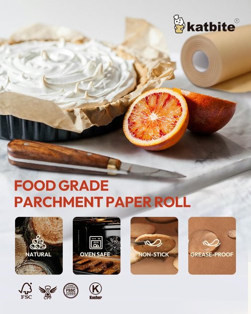 Katbite Unbleached Parchment Paper Roll - 15in x 242ft | Non-Stick Baking & Cooking with Serrated Cutter