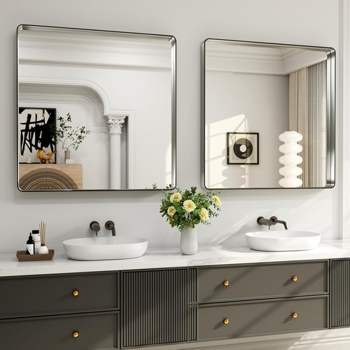 LOAAO Brushed Nickel Bathroom Mirror - 38x38 Inch Rounded Rectangle Design | Anti-Rust & Shatterproof