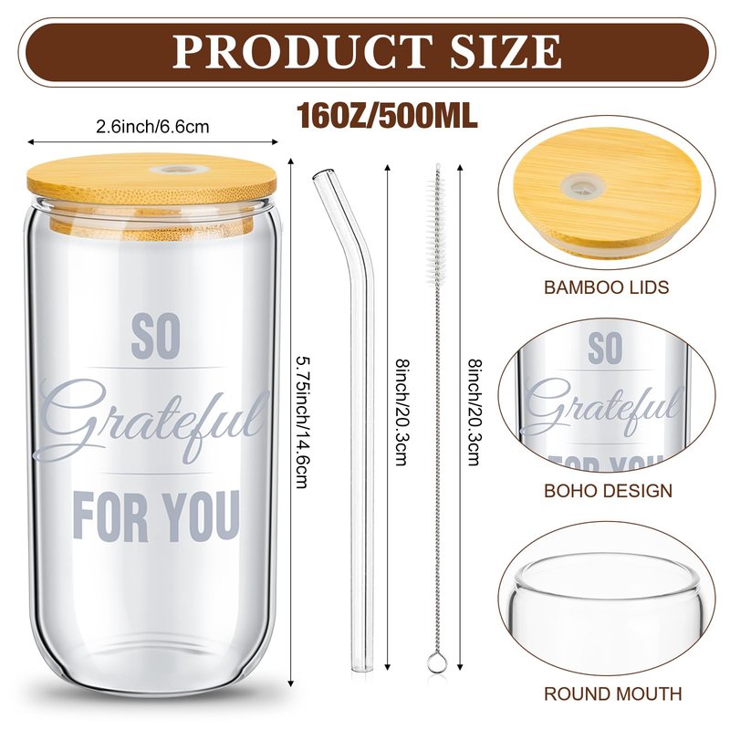 Purpeak 6 Set Employee Appreciation Gifts Glass Cups Bulk Thank You Gifts for Team Coworkers Staff Teachers and Nurses 16 oz Can Shaped Glass Cups with Bamboo Lids and Straws(Elegant Style)