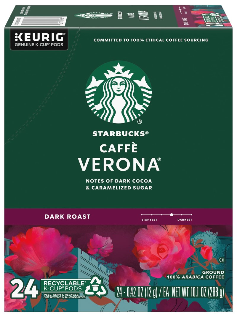 Starbucks Coffee K-Cup Pods, Caffè Verona, Dark Roast Coffee, Notes of Dark Cocoa & Caramelized Sugar, Keurig Genuine K-Cup Pods, 24 Count (Pack of 2)