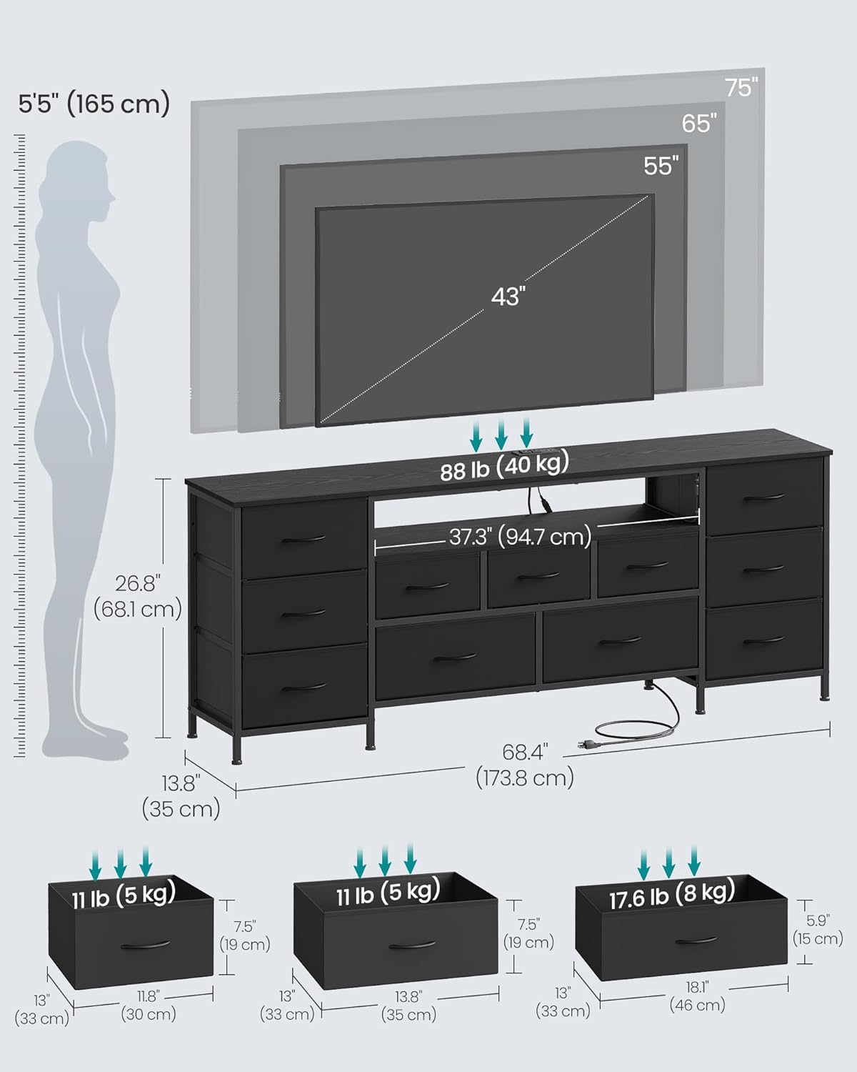 SONGMICS TV Stand - Modern Chest of Drawers for TVs Up to 70 Inches, 11 Drawers, Ink Black