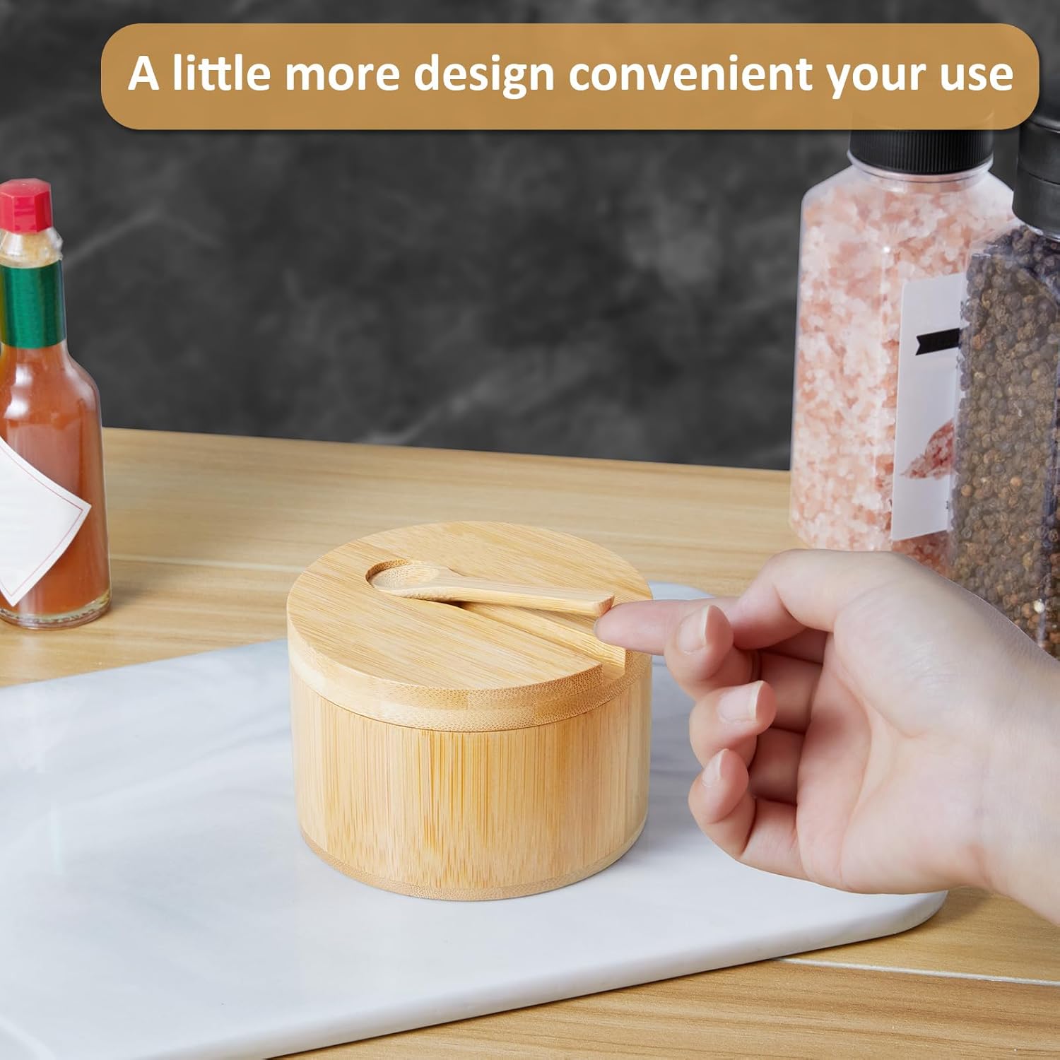OUTNILI Bamboo Salt Box Bowl with Lid & Spoon - 360° Swivel Salt Cellar for Sea Salt & Herbs, 7 Ounce