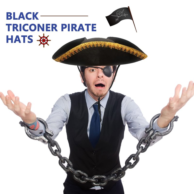 SGBETTER 8 Pack Felt Pirate Tricorn Hat Black Buccaneer Hat with Gold Trimming for Halloween Masquerade Party Role Play Outfit Accessories