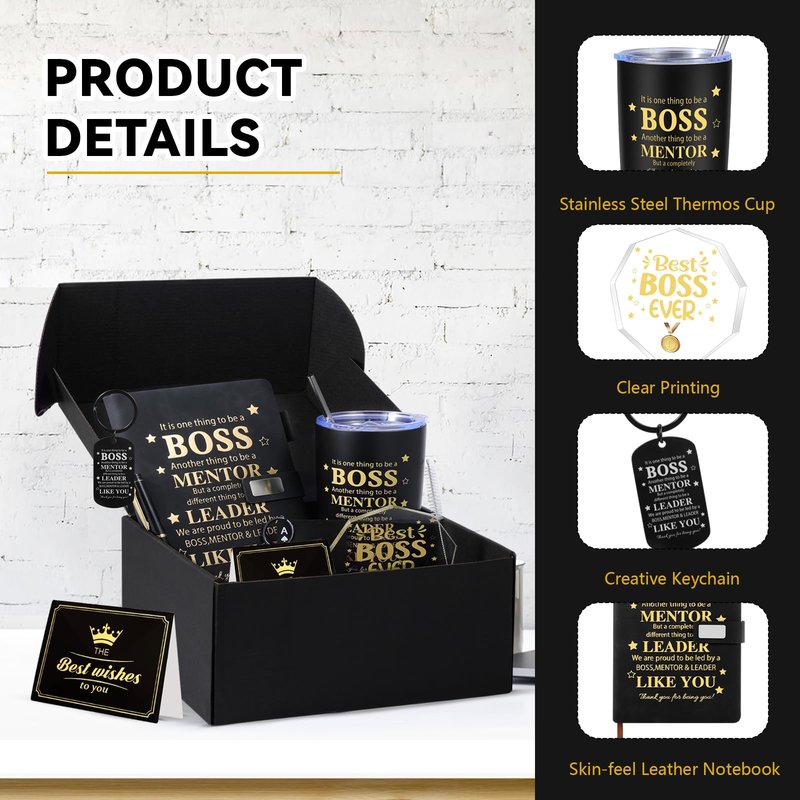 VAIPI Bosses Day Gifts for Men, World's Best Boss Ever Gifts Basket Set for Male, Thank You Appreciation Cool Boss Gift with 20 oz Tumbler Acrylic Trophy Notebook Ballpoint Pen Bottle Opener