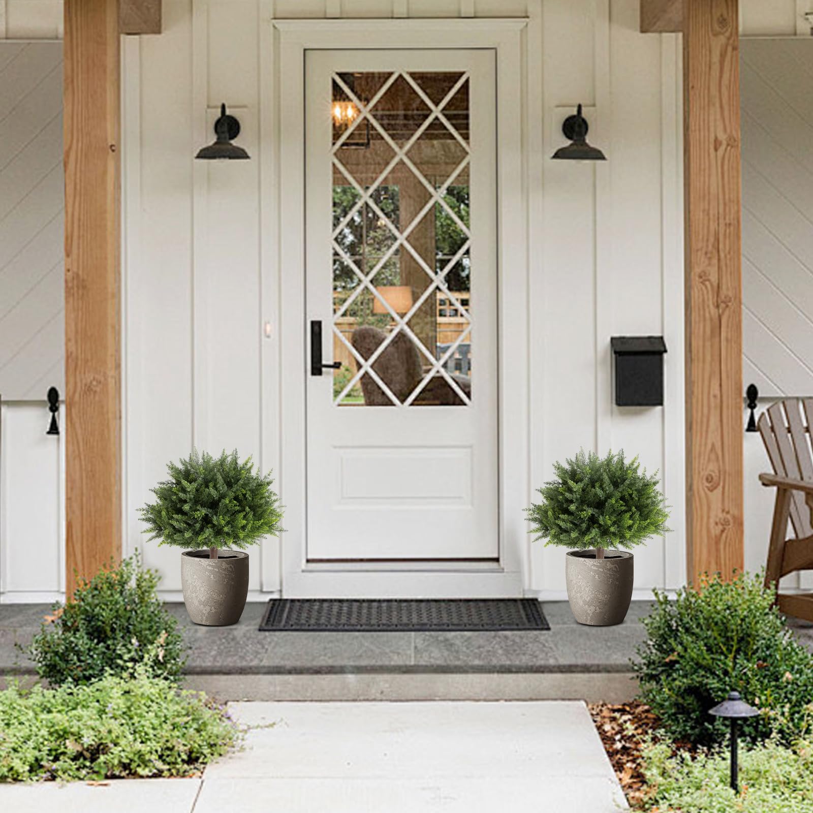 Pertivery 2 Pack Artificial Cedar Topiary, 23.6Inch UV Resistant Artificial Shrubs, with Ground Spikes, Indoor and Outdoor Fake Evergreen Tree for Porch, Garden, Front Door Decoration