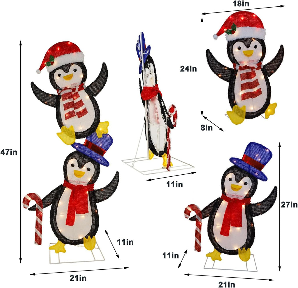 Waterglide Lighted Christmas Tinsel Penguins - Pre-Lit 2D Stacked Design for Indoor/Outdoor Holiday Decor