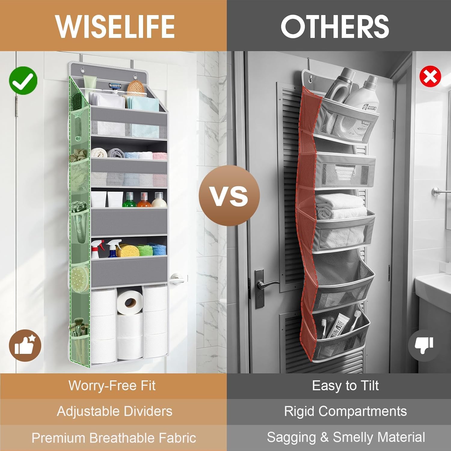 WISELIFE 5-Tier Over The Door Organizer - Heavy-Duty 50LB Storage with 5 Pockets & 13 Mesh Pockets | Gray