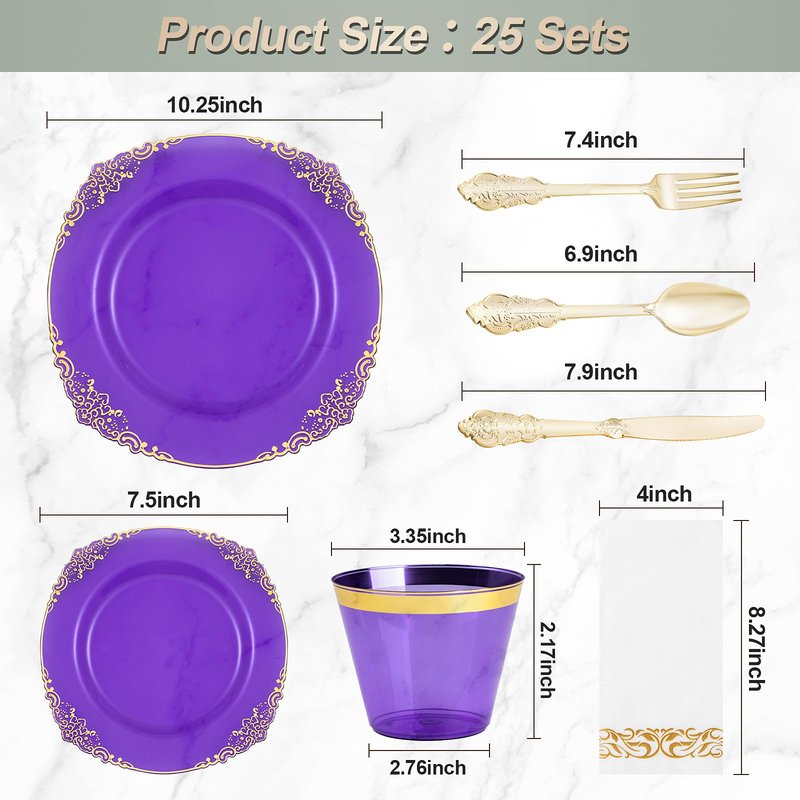 Bestluck 175PCS Clear Purple Plastic Plates for 25 Guests, Disposable Plates with Gold Trim include 25 Dinner Plates, 25 Dessert Plates, 75 Gold Silverware, 25 Cups, 25 Napkins for Party, Wedding