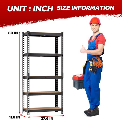BestOffice Heavy-Duty 5-Tier Storage Shelves - Adjustable MDF Garage Shelving | 11.8" D x 27.6" W x 60" H