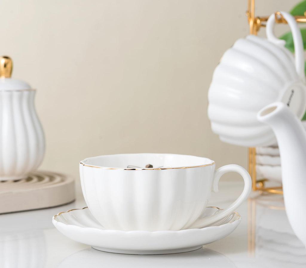 CLAY TONIC-- 8 OZ Fine China White Coffee Cup/Teacup Set, Cups & Saucer, with Teapot-Sugar Bowl-Cream Pitcher Teaspoons and tea strainer for Tea/Coffee,17-Pieces- Service for 4 (White)