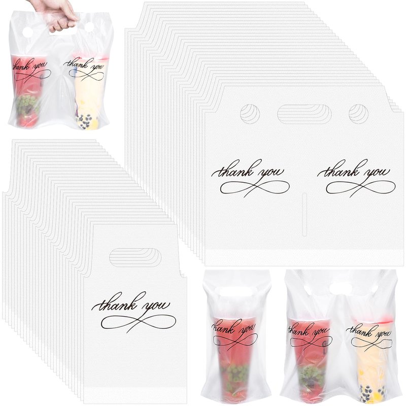 MJOGGOTT 500 Pack Clear Plastic Drinking Bags, Cup Carrier with Handle, Thank You Disposable Cup Holder for Drinks Beverage, Coffee, Juice, Stores, Bar Restaurant Take Out, Hold 1 and 2 Cups