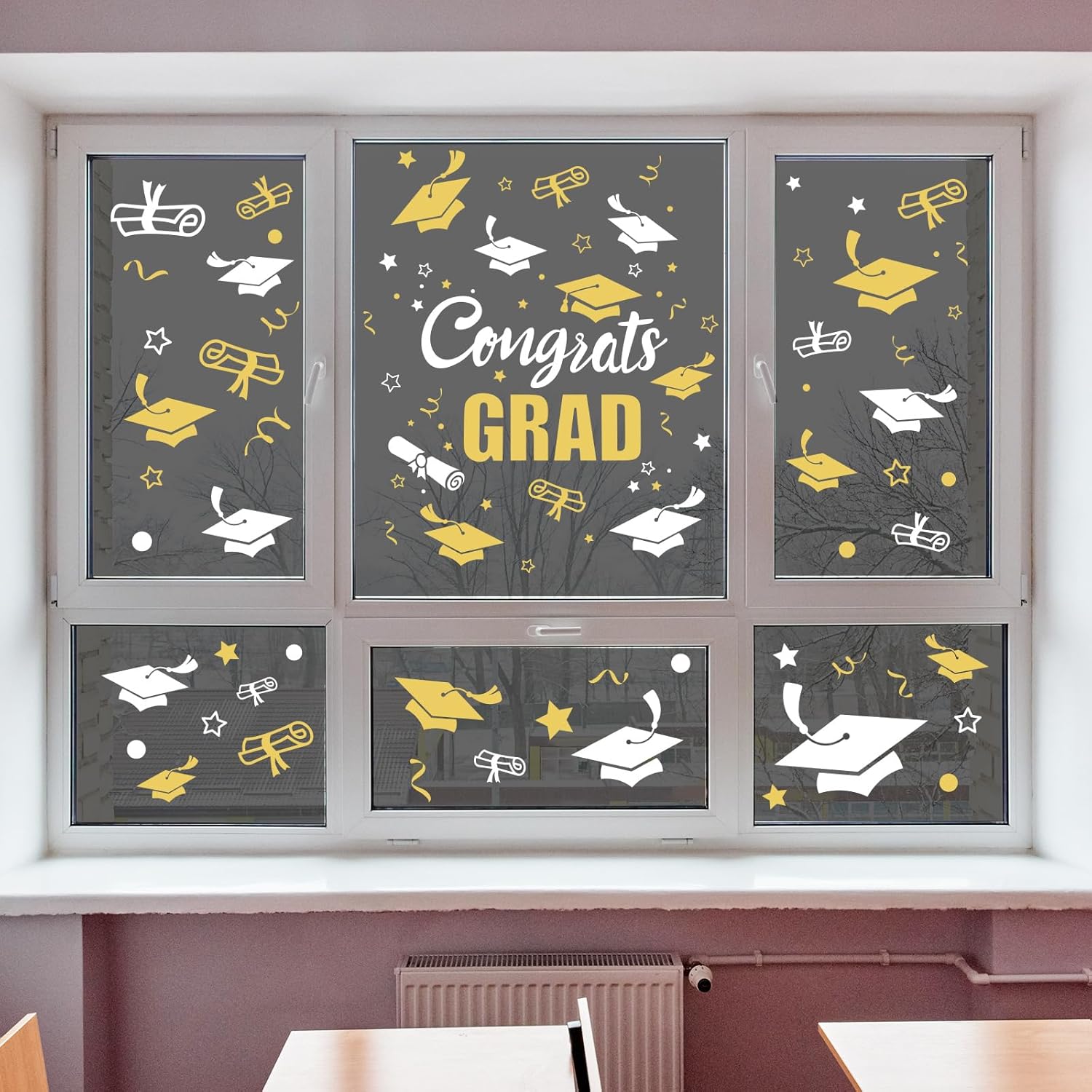 Whaline Graduation Window Clings - 236 Pcs Double-Sided White & Gold Cap & Diploma Decor | Perfect for College Seniors