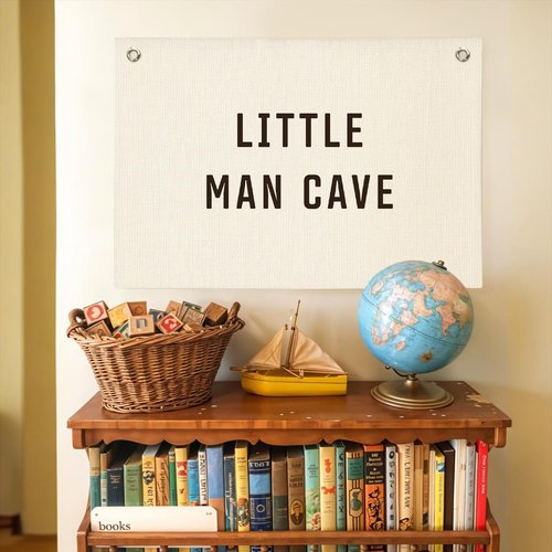 MOFUYU Little Man Cave Banner - Little Man Cave Sign for Boys,Kids Boys Room Decor,Adventure Nursery Sign for Baby and Kids, Playroom Wall Hanging 30x20 Inch