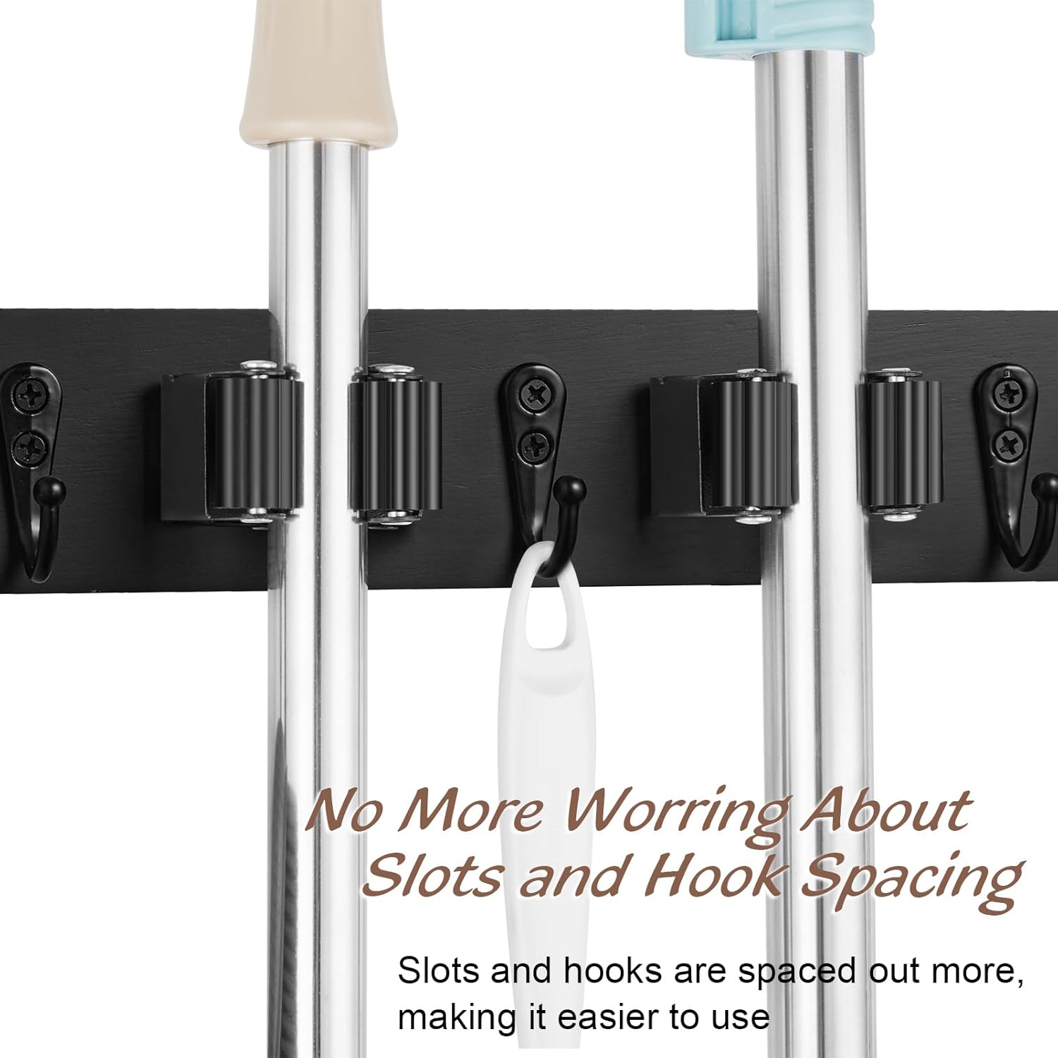 OUTNILI Mop Broom Holder Wall Mount - 2 Pack Black Organizer with 4 Slots & Hooks for Garage, Closet, Laundry Room