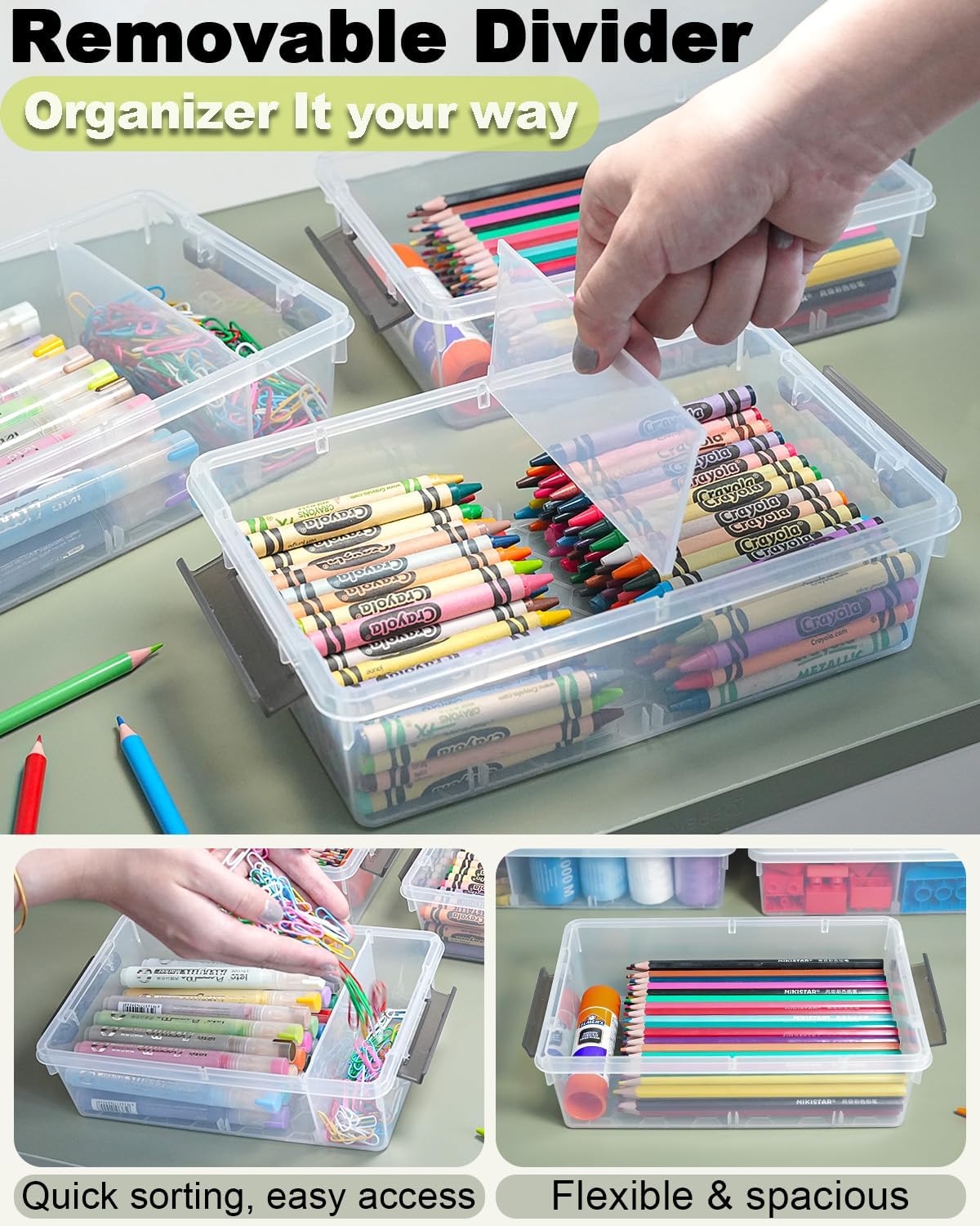 Skiennix Extra Large Pencil Box - Removable Divider & Stackable Design | 12 Pack Grey Storage Containers