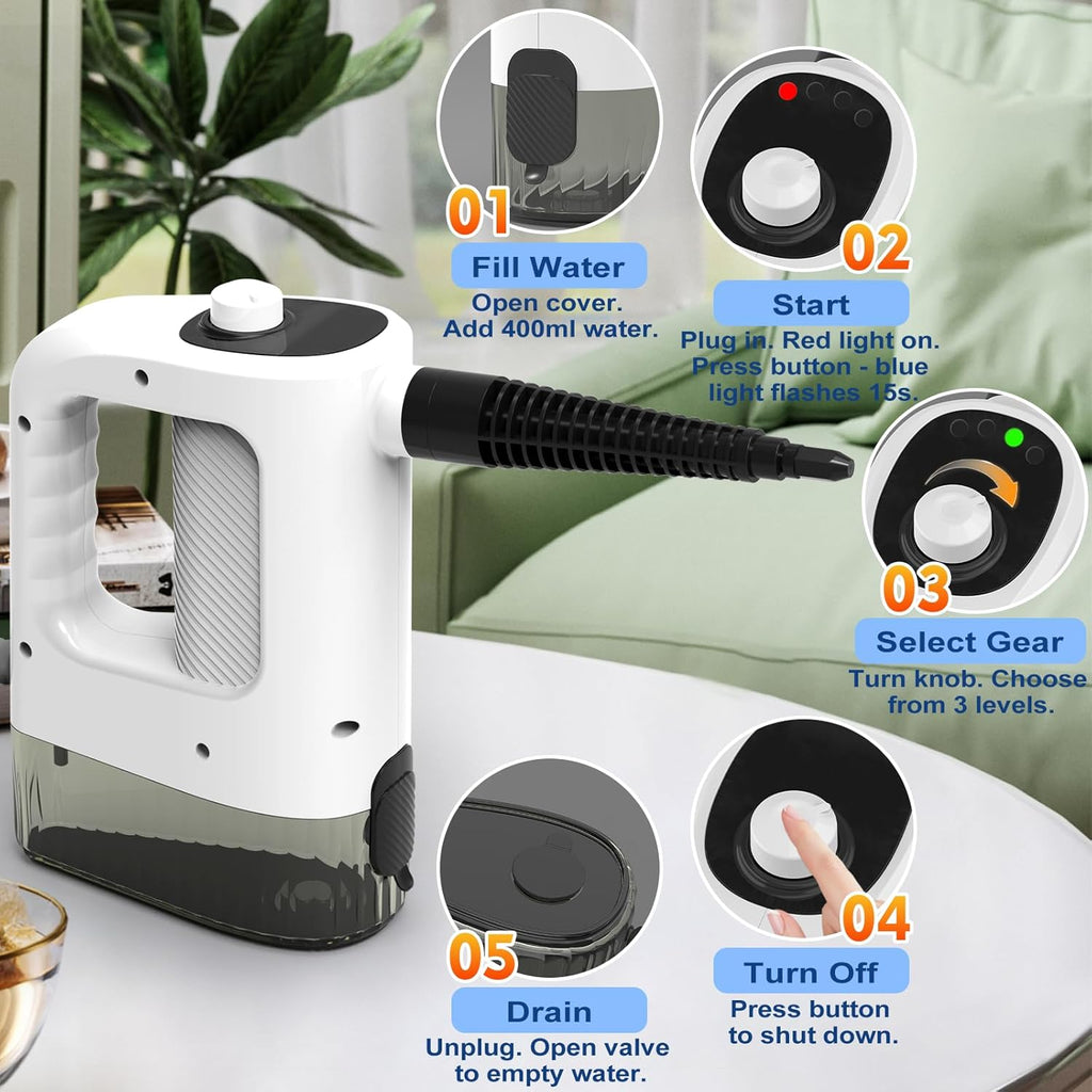 Skiennix Handheld Steam Cleaner - 3-Level Adjustable, 15s Heat-Up, 400ML Capacity | 14 Accessories Included