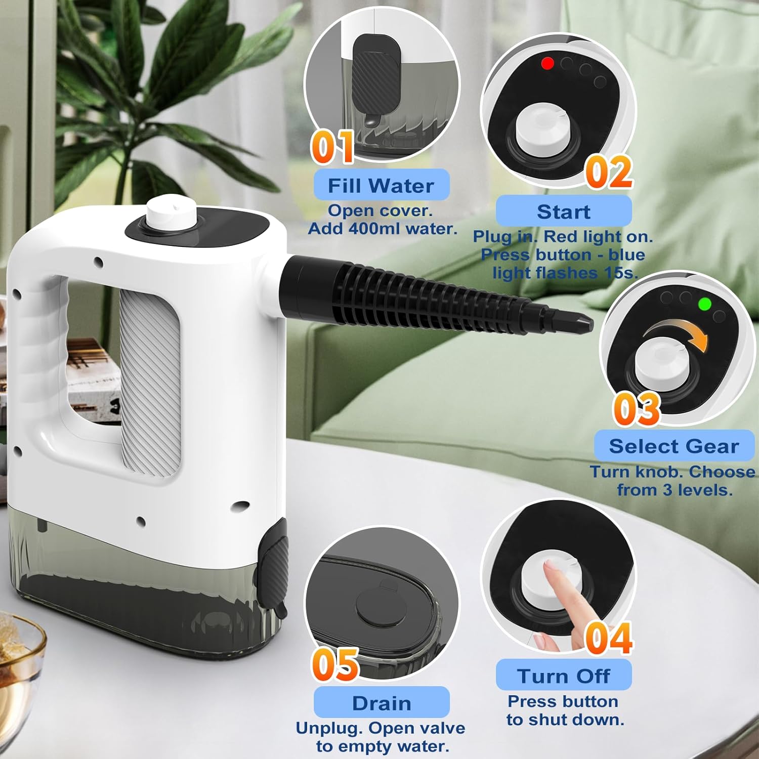 Skiennix Handheld Steam Cleaner - 3-Level Adjustable, 15s Heat-Up, 400ML Capacity | 14 Accessories Included