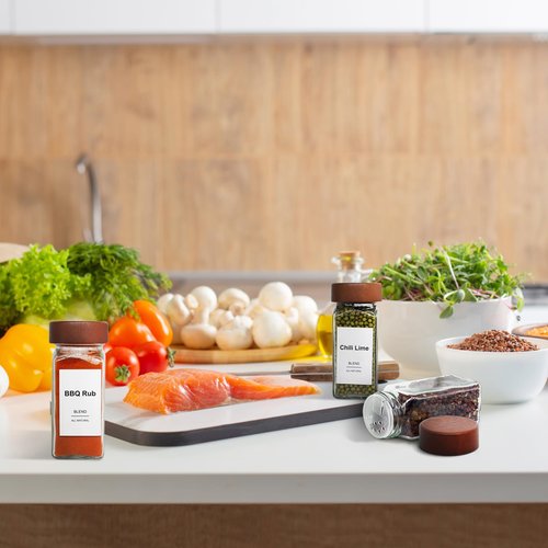 CKCY 16 Pcs Spice Jars, 4oz Seasoning Containers with Acacia Wood Shaker Lids, Glass Spice Bottles with Labels, Square Seasoning Organizer, Kitchen Spice Container