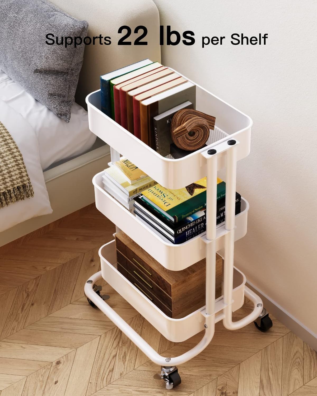 Pipishell 3-Tier Metal Rolling Utility Cart - Heavy-Duty Storage with Lockable Wheels | White