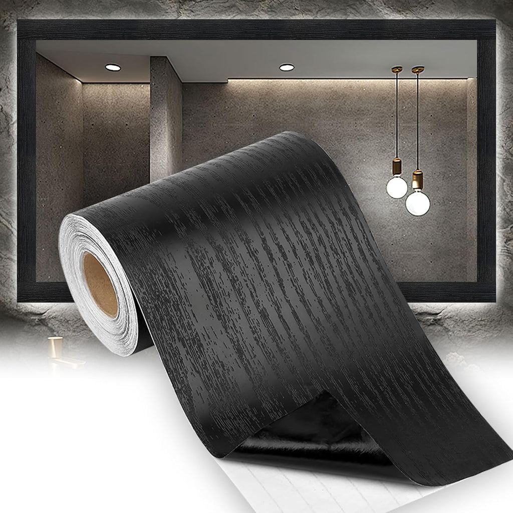 Peel & Stick Black Wood Grain Wallpaper Border by [Brand Name] - Stylish Bathroom Mirror Frame | 32.8 FT x 3.93 Inch