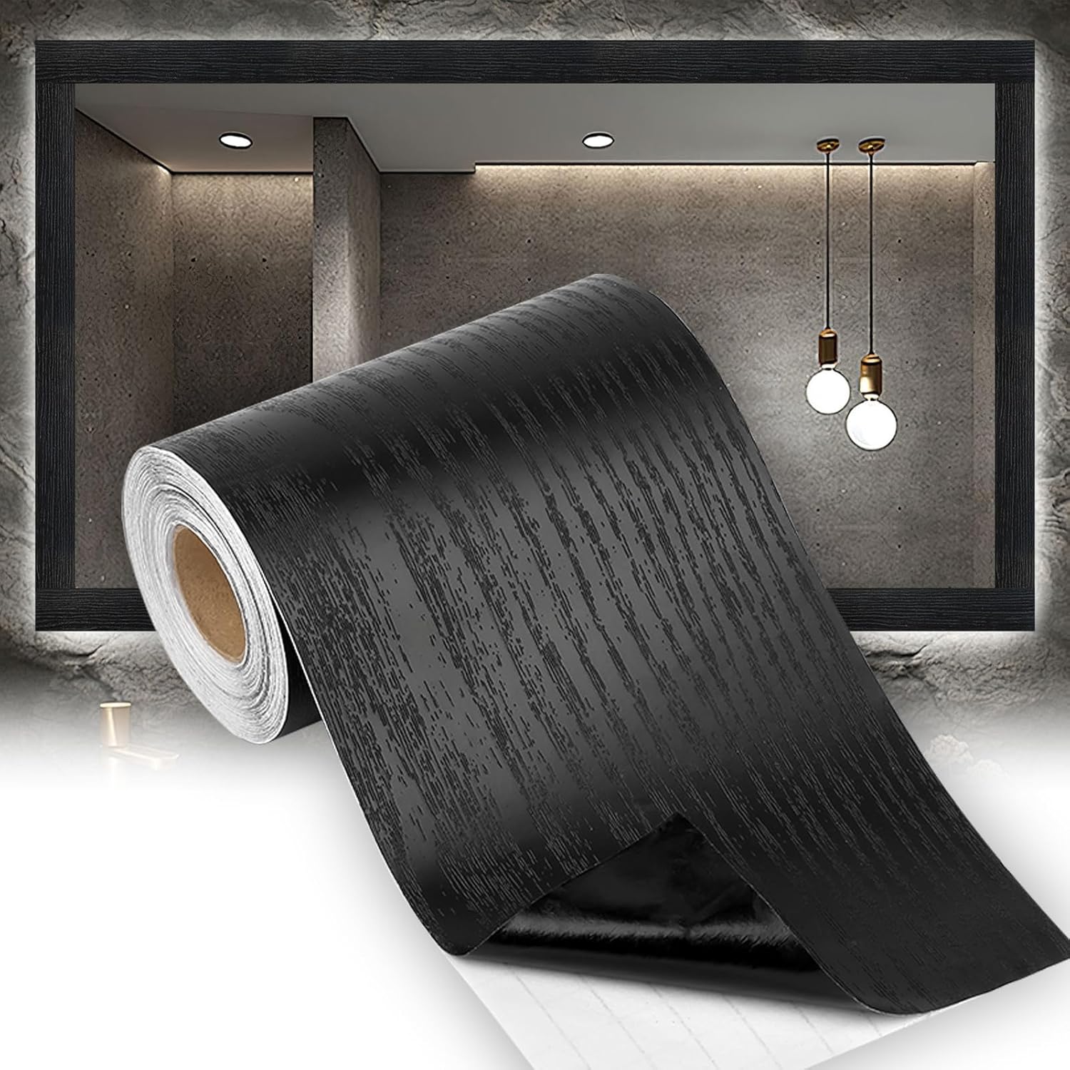 Peel & Stick Black Wood Grain Wallpaper Border by [Brand Name] - Stylish Bathroom Mirror Frame | 32.8 FT x 3.93 Inch