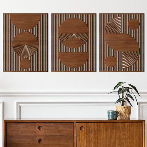 Homenthus Abstract Wood Wall Art - 3-Piece Mid Century Modern Geometric Decor for Boho Spaces