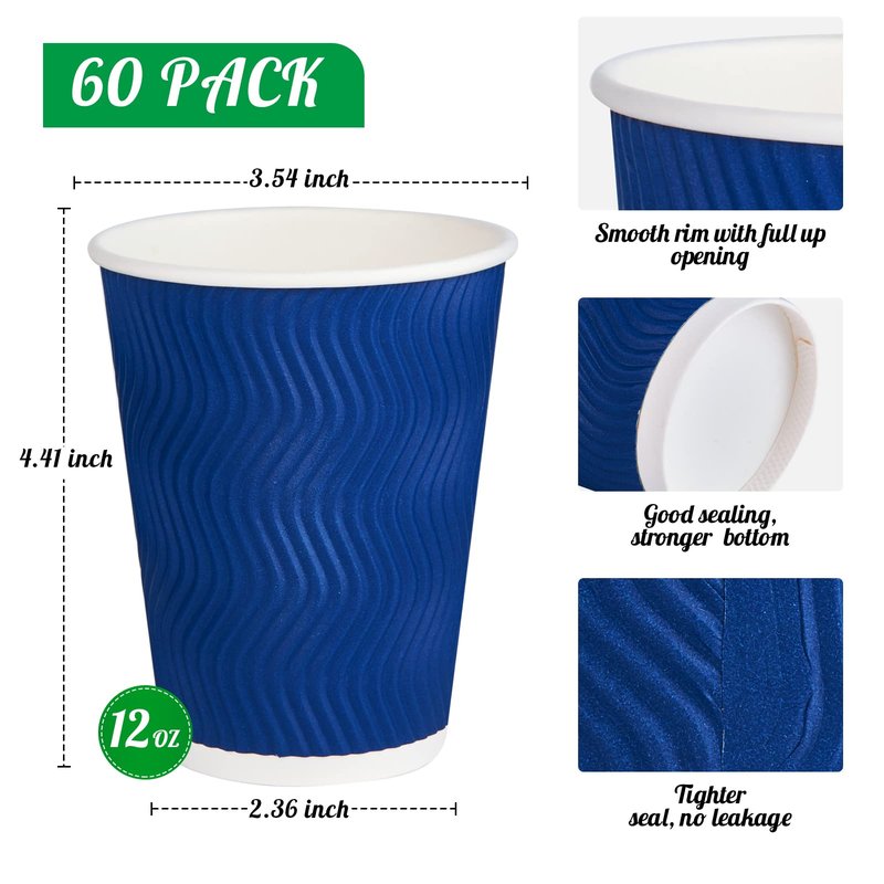 JollyPack 60 Pack 12 oz Paper Coffee Cups, Blue Disposable Beverage Cups with Insulated Ripple Wall for Coffee, Tea, and Hot Chocolate