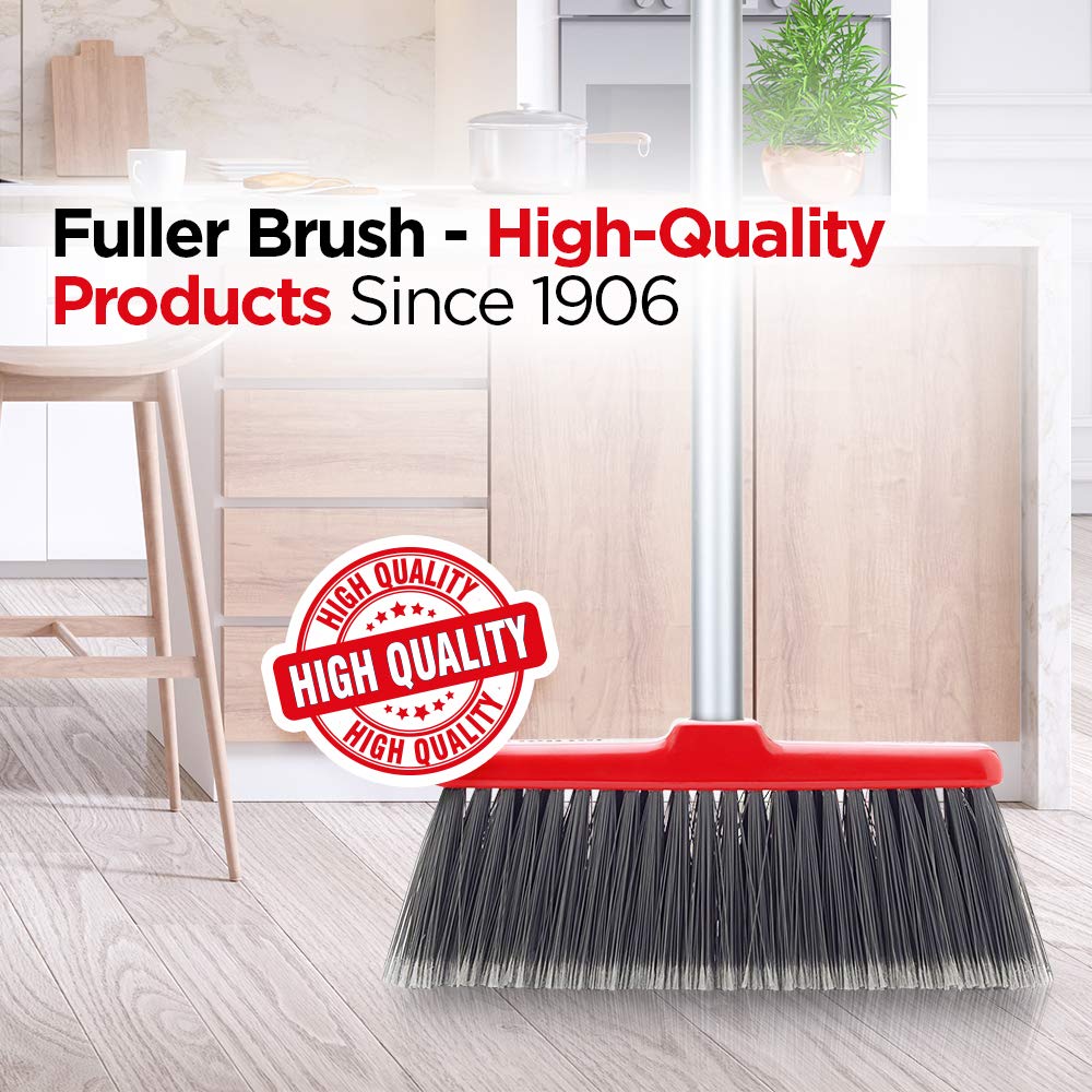 Fuller Brush Adjustable Kitchen Broom – 10" Wide Broom Head with Split-End Bristles and Steel Handle (29"–52") for Sweeping Fine Dust and Crumbs – Red (Fiesta Broom Complete)