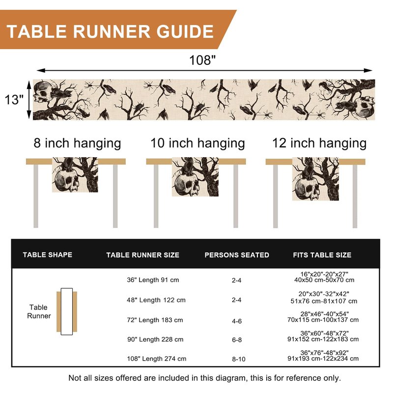 Seliem Halloween Gothic Skull Black Cat Crows Table Runner, Silhouette Tree Branches Spider Kitchen Dining Table Decor, Scary Holiday Home Decoration Indoor Outdoor Party Supply 13 x 108 Inches