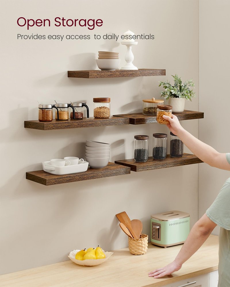 VASAGLE Wall Shelves Set of 5, Floating Shelves, Wall Mounted, 7.9 x 23.7 x 1.5 Inches, for Picture Frames, Decor, Living Room, Kitchen, Rustic Brown ULWS076B01