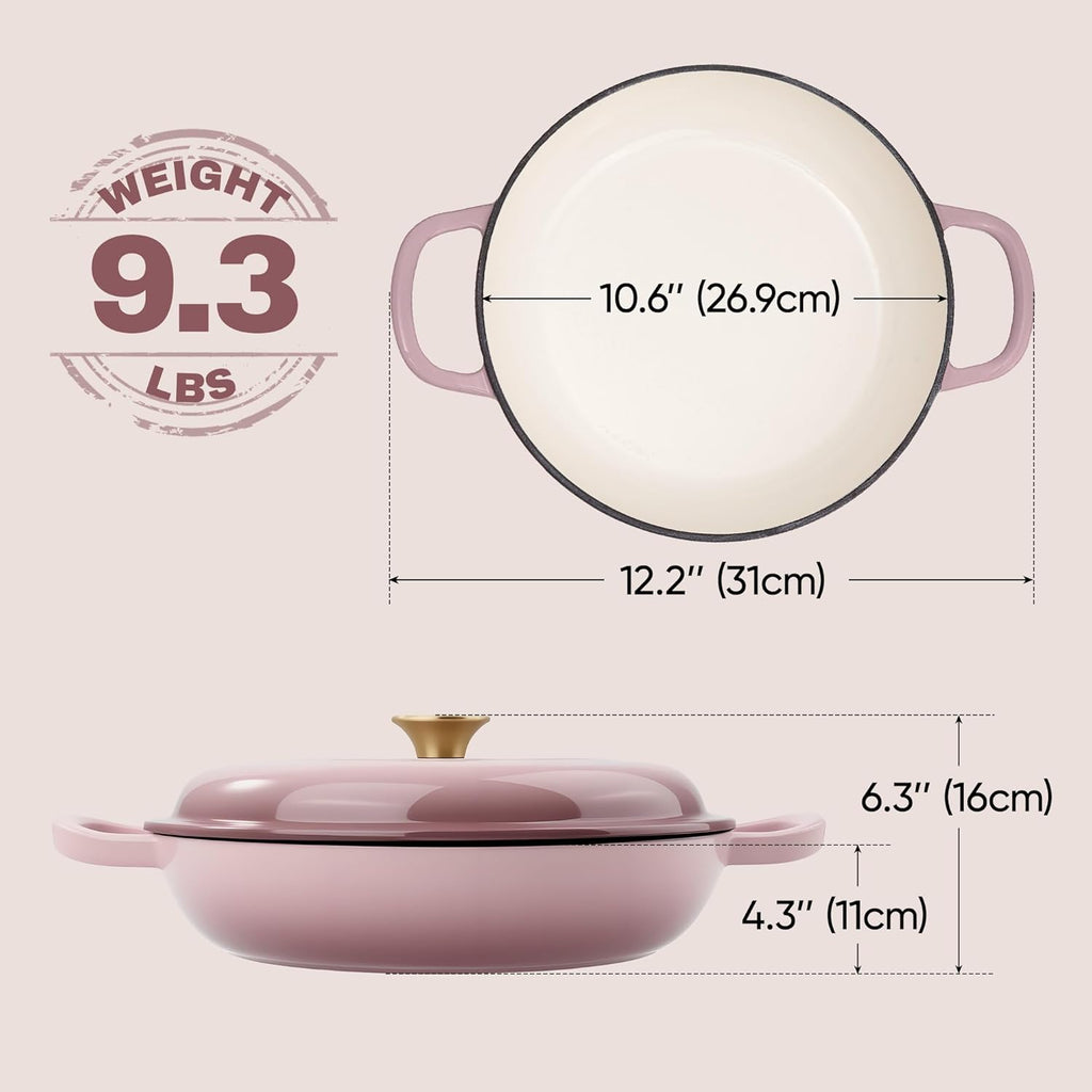 Skiennix Vintage Style Enameled Cast Iron Braiser - Non-Stick Dutch Oven Skillet with Lid | 3 Quart, Pink
