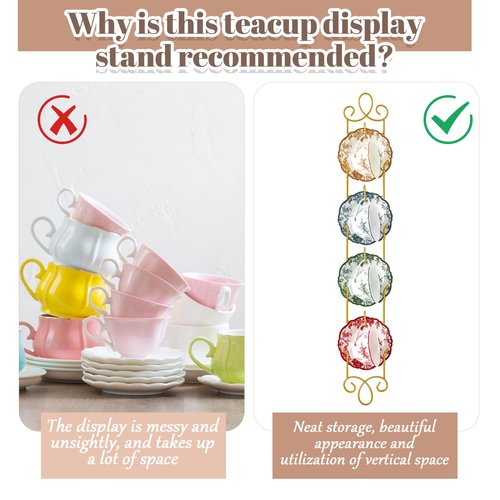 Blulu 2 Pcs Wall Mounted Tea Cup & Saucer Display Rack, 4-tier Metal Mug Holder with Plate Hangers, Decorative Wall Storage for Kitchen, Gift&Coffee Bar Display, 36'' x 5'' (Gold)