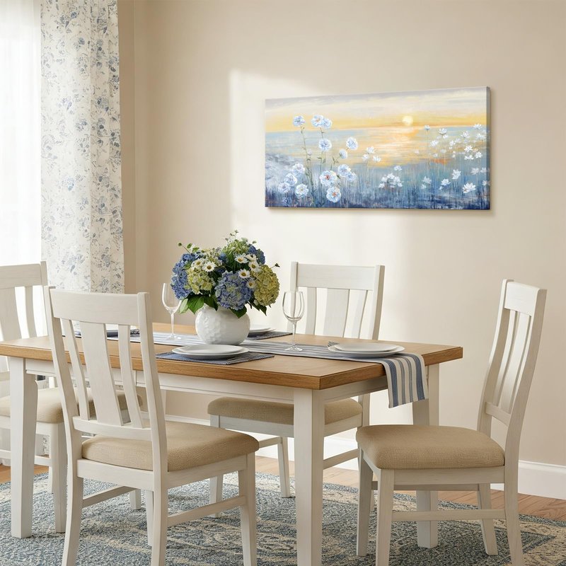 Blue Ocean Sunset Canvas Wall Art for Living Room Abstract Seascape Painting Coastal Beach Wildflowers Picture Natural Sea Landscape Print Sunrise With Yellow Orange Sky Seaside Artwork 20x40inch