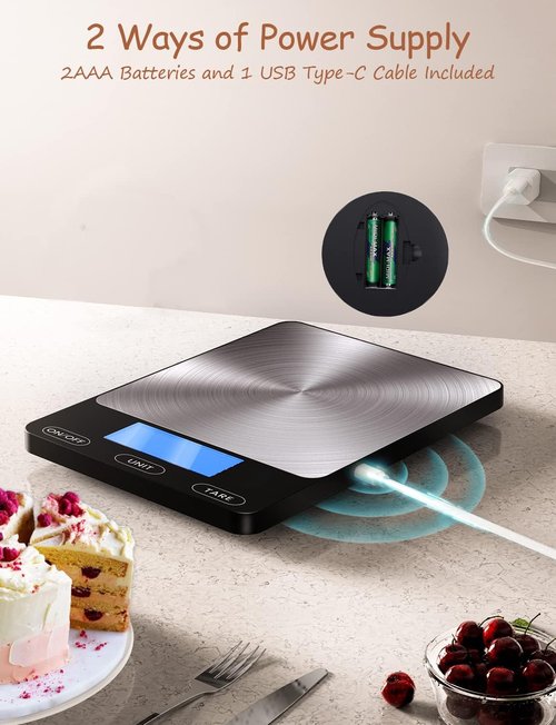 Food Scale - Skiennix 33lb Digital Kitchen Scale | Rechargeable 304 Stainless Steel for Accurate Meal Prep, Cooking & Baking - Black