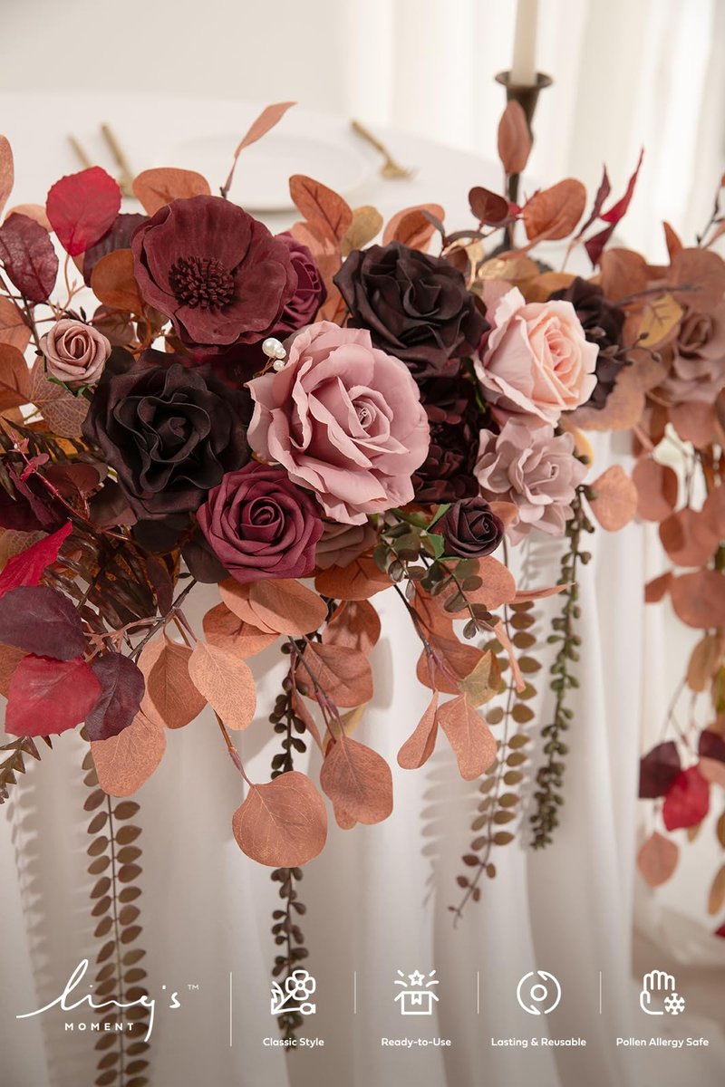 Ling's moment 9FT Eucalyptus and Willow Leaf Garland with White Flower, Handcrafted Wedding Sweetheart Table Centerpieces Head Table Decor Arch Backdrop Decorations for Wedding | Burgundy & Dusty rose