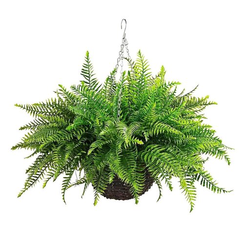 QIANYUN 1PCS Fake Hanging Plant- Boston Ferns UV Resistant Plastic Plants for Bedroom Living Room Garden Decor- Including Hanging Planters (Persian-Green)
