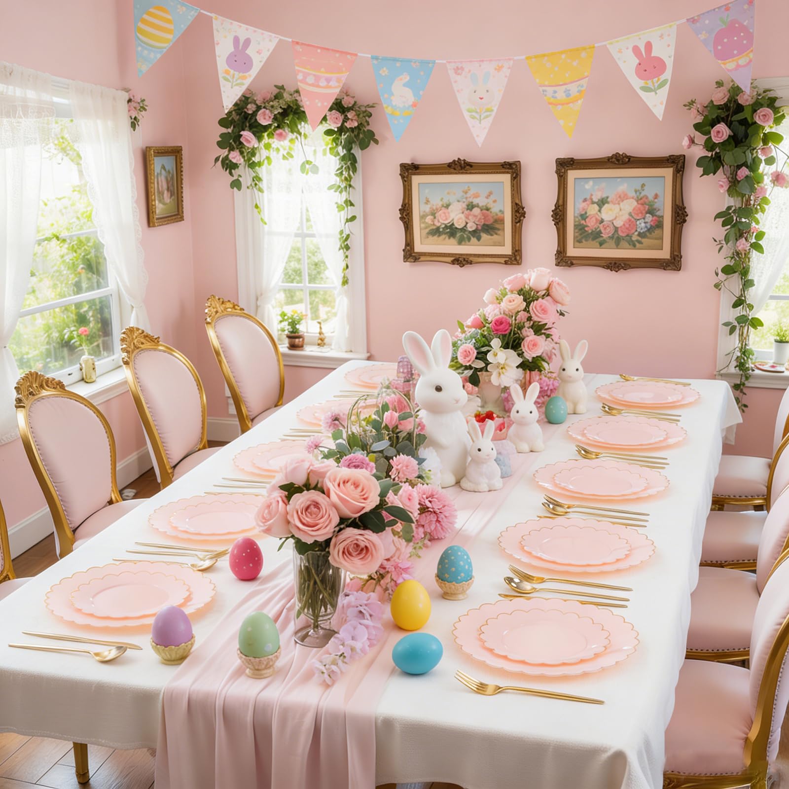 LIYH 120 Pcs Pink Plastic Plates Disposable Set Includes 60 Dinner Plate 10.25" & 60 Dessert Plate 7.5" with Elegant Gold Rim for Party Birthday Baby Shower Easter