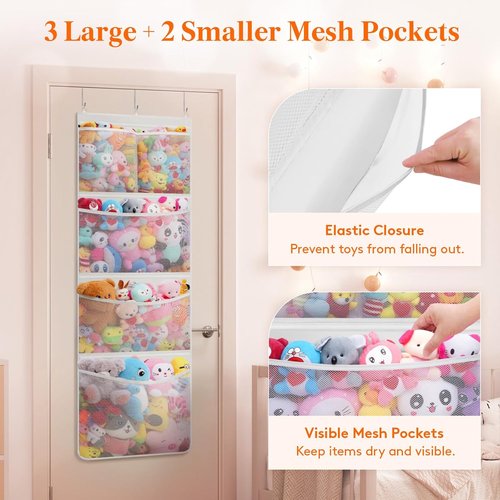 Lifewit Stuffed Animal Storage - Over The Door Organizer with 5 Expandable Mesh Pockets | White, 65.8" High