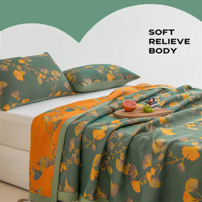Bifqioy Ginkgo Leaf Cotton Quilt Dark Green Orange Reversible King Size Bedspread Coverlet for All Seasons Lightweight Muslin Quilt Throw Blanket for Bed, Couch
